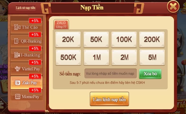 Hướng dẫn nạp tiền Cf68 nhanh chóng Cổng nạp tiền cf68 zalo Pay