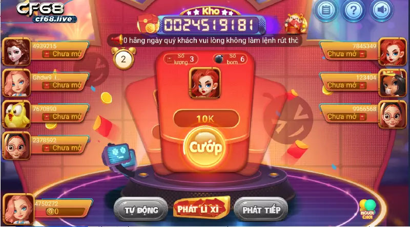 Trò chơi Bom đầy hấp dẫn với giải thưởng giá trị tại cổng CF68 Giao diện đẹp mắt của Trò chơi Bom CF68