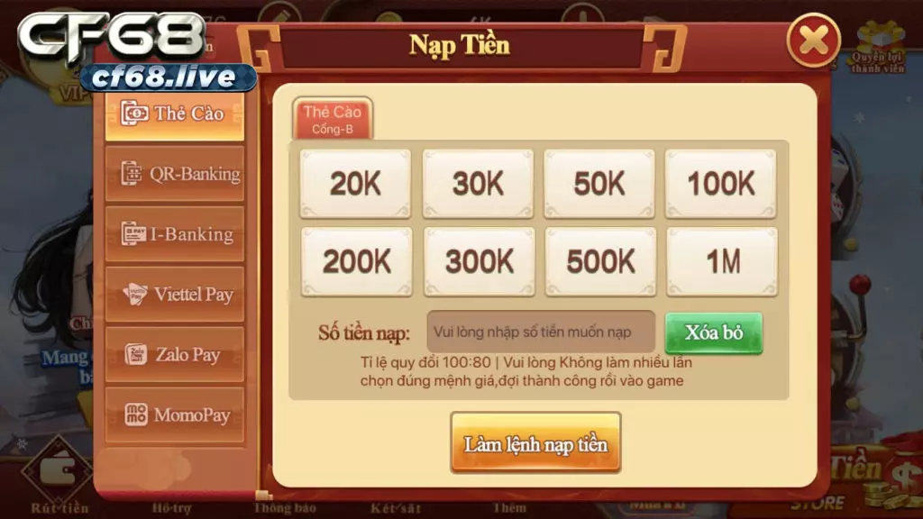 Hướng dẫn chi tiết chức năng tại cf68 game giao diện nạp tiền cf68