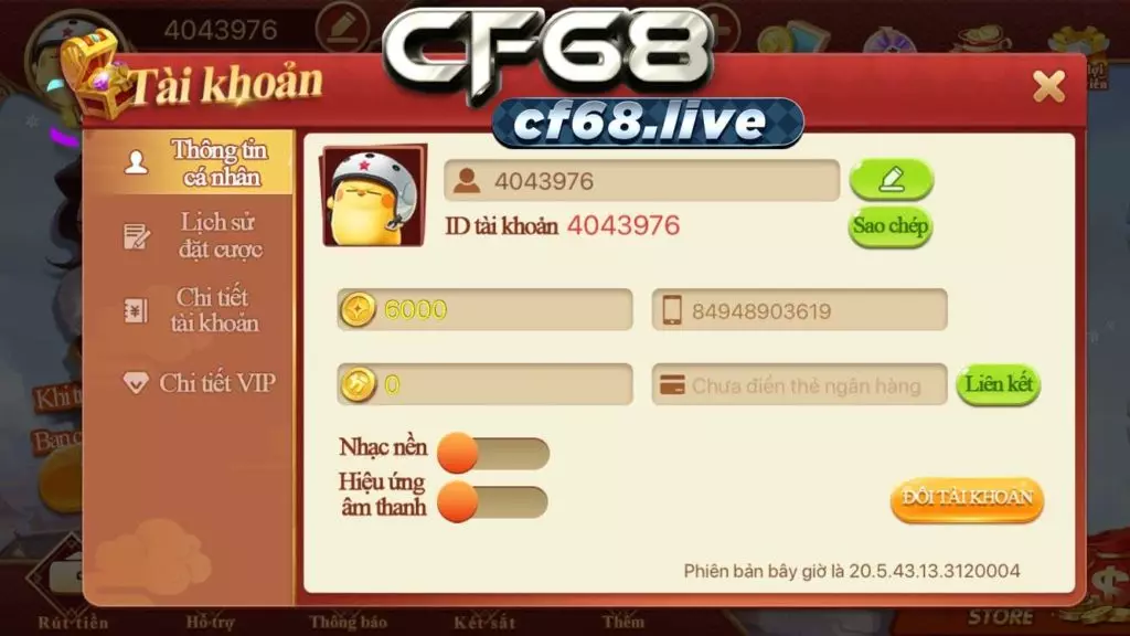 Hướng dẫn chi tiết chức năng tại cf68 game Giao diện thông tin cá nhân game cf68