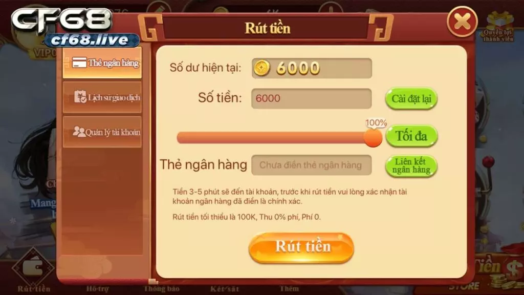 Hướng dẫn chi tiết chức năng tại cf68 game Giao diện cổng rút tiền cf68