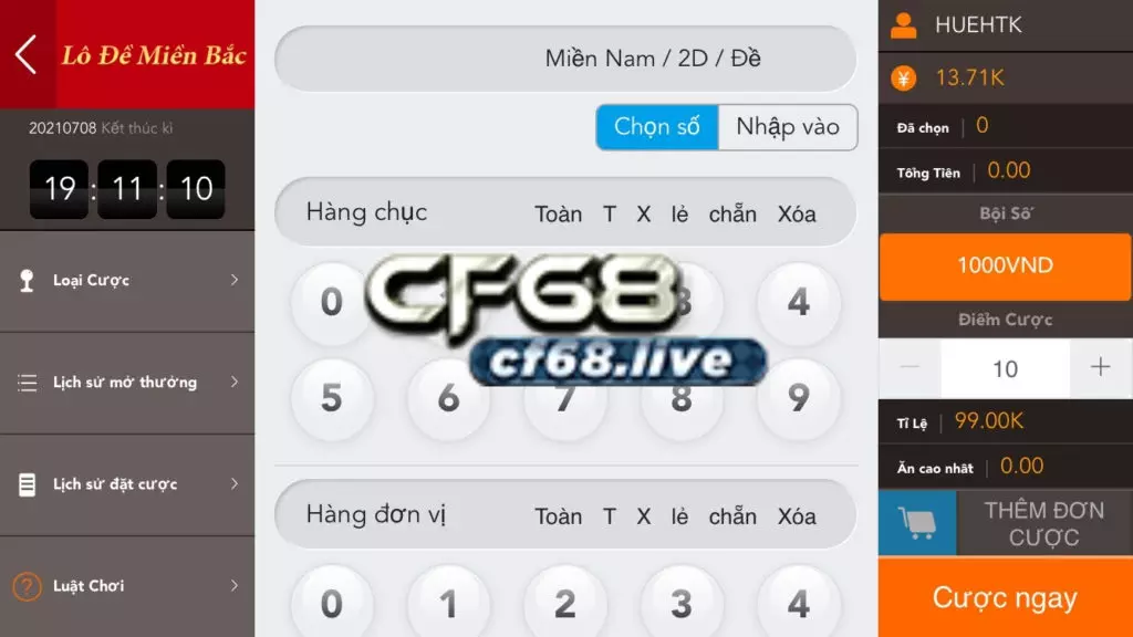 Lô đề cf68 và hướng dẫn các bước cược các loại hình Giao diện đặt cược lô đề cf68