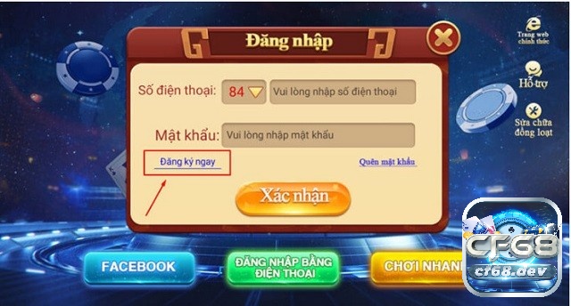 Giao diện đăng ký tài khoản chơi game bài uy tín CF68