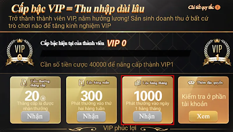 Khuyến mãi hàng tháng - Lộc hàng tháng Thăng cấp VIP càng cao - Lộc hàng tháng càng nhiều