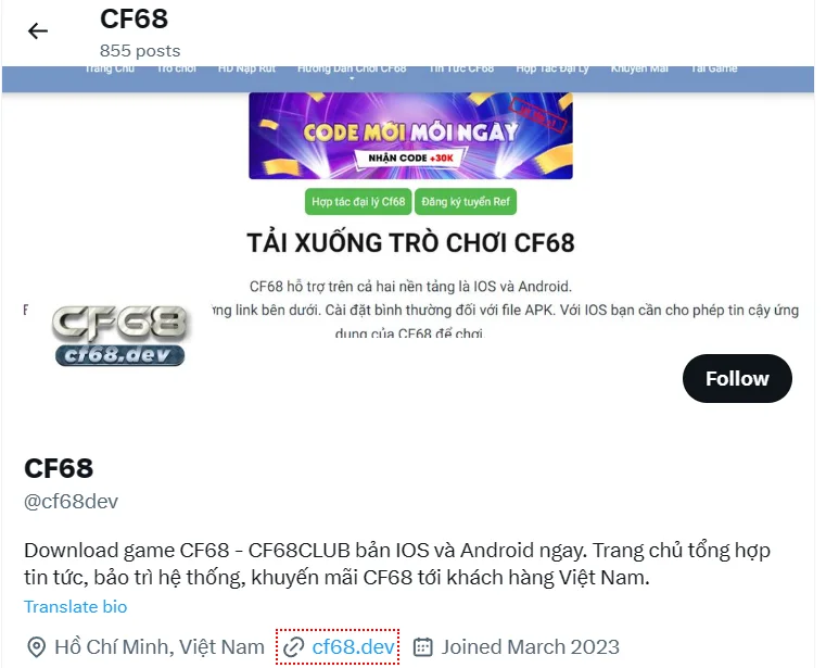 Thông tin liên hệ CF68.DEV - Website chính thức nhà cái CF68 CF68 hiện đã có mặt trên Twiter với user @cf68dev