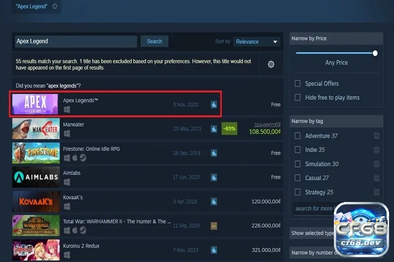 Truy cập vào trang Steam và nhập tìm kiếm trò chơi Apex Legends 
